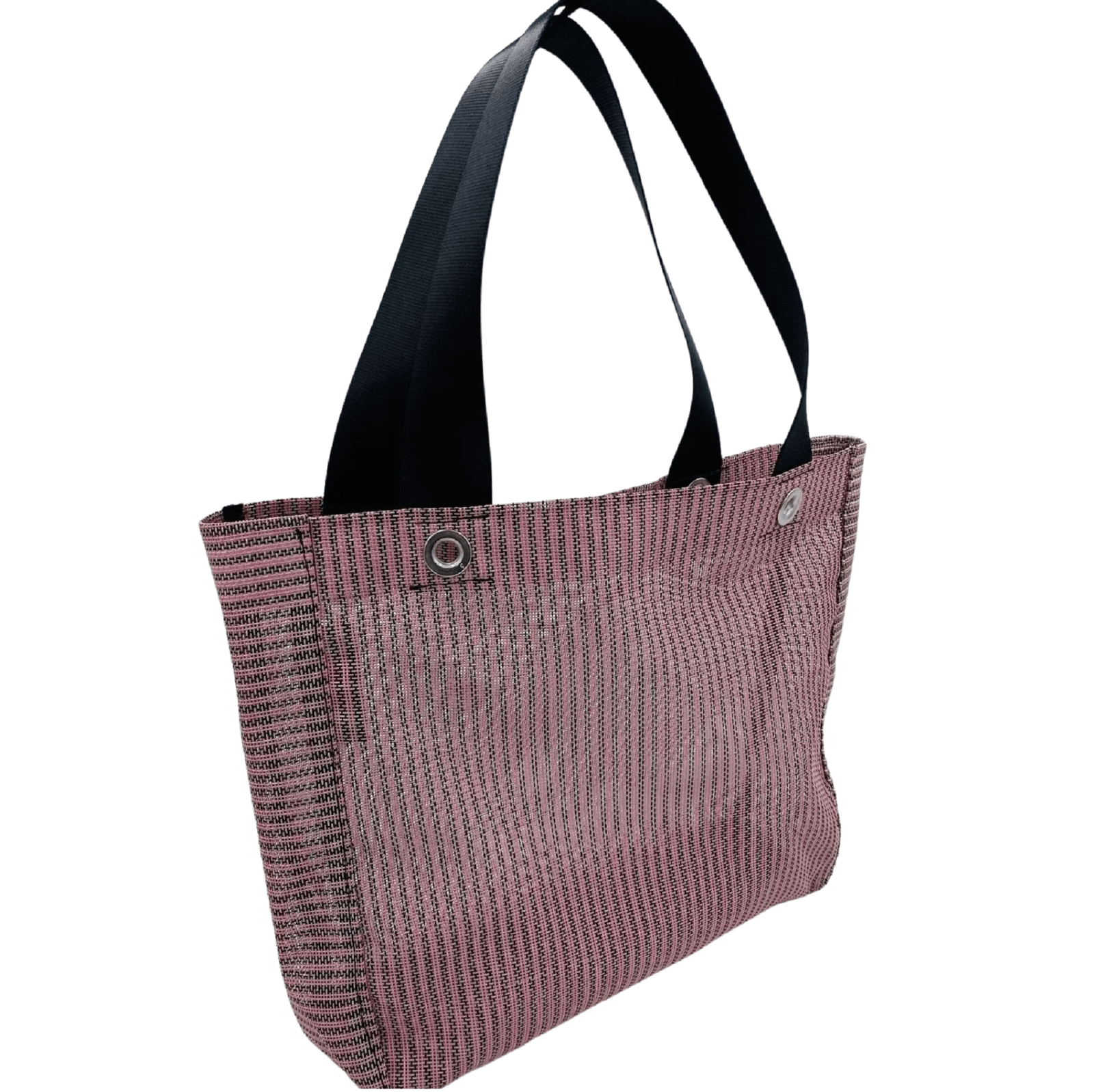 Pink reusable grocery bag against a white background.