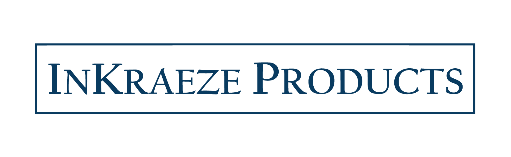 InKraeze Products logo in navy text inside of a rectangle over a white background.