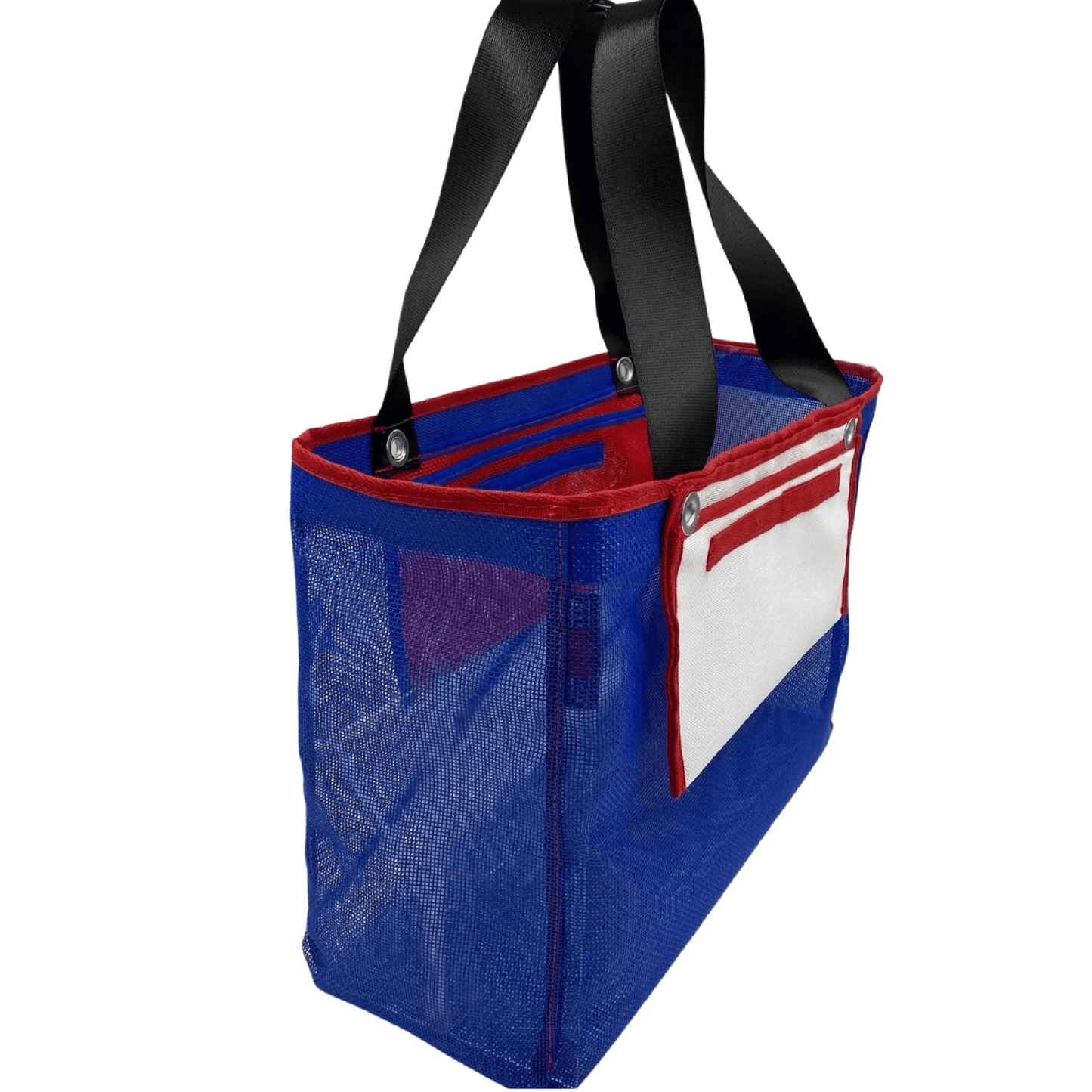 Blue and red shopping bag with a white pocket against a white background.