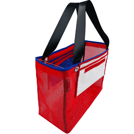 Red and blue shopping bag with a white pocket against a white background.